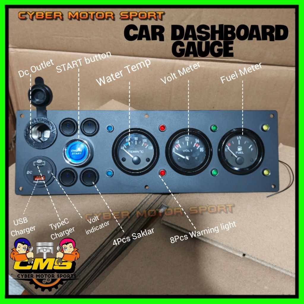 dashboard gauge universal 12v indikator mobil water temp fuel meter bensin solar volt engine start b