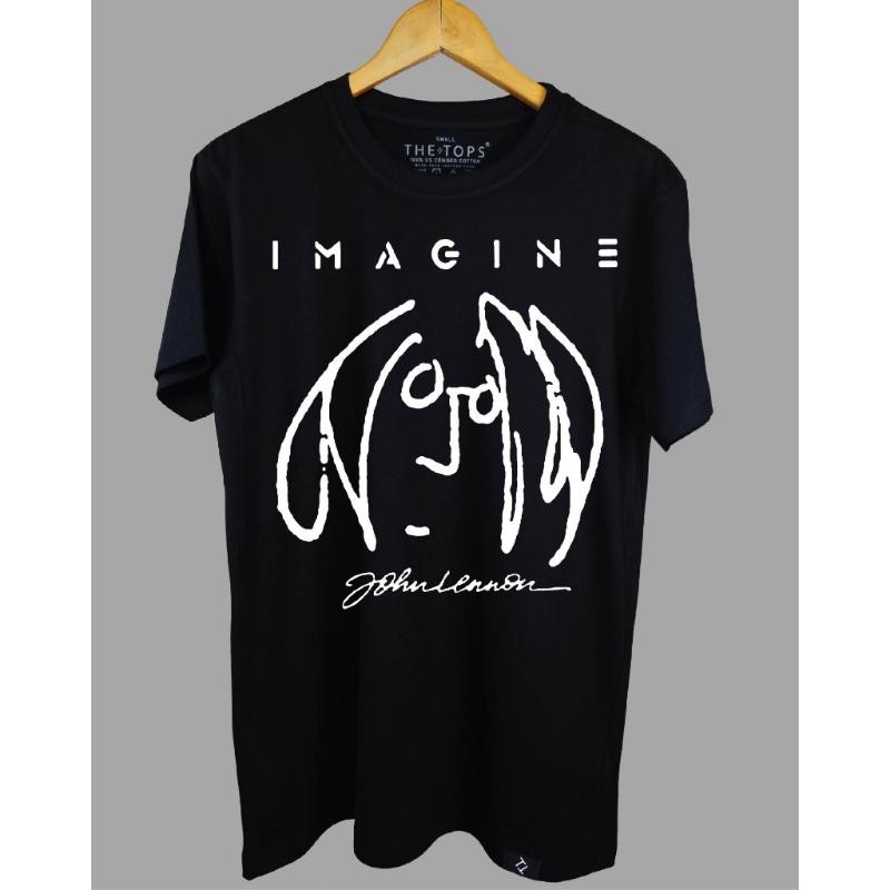 Kemeja T-Shirt Regular Fit "John Lennon" dengan pola cetak vintage lengan pendek bahan katun atasan 
