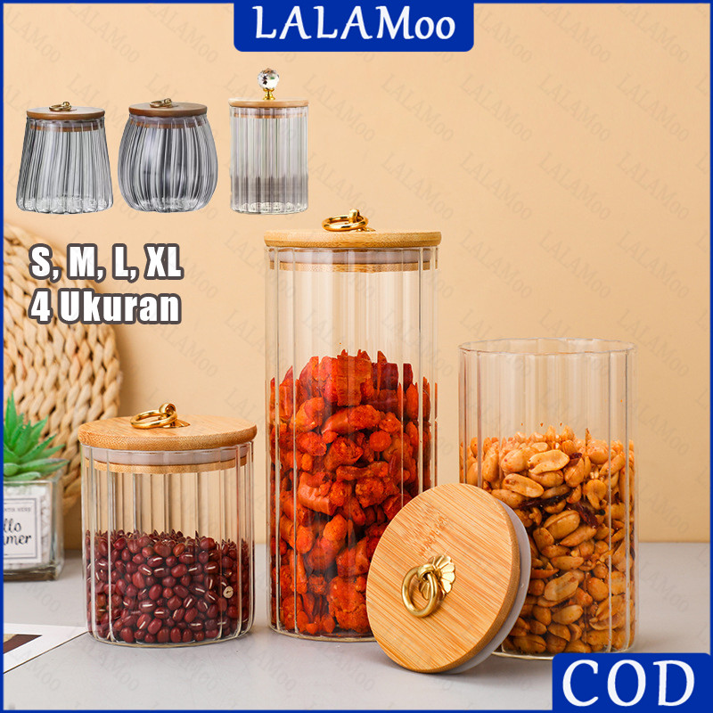 Toples Kaca Bulat Tutup Kayu Kedap Udara Glass Storage Jar Toples Kaca Penyimpanan Toples Kaca Tutup