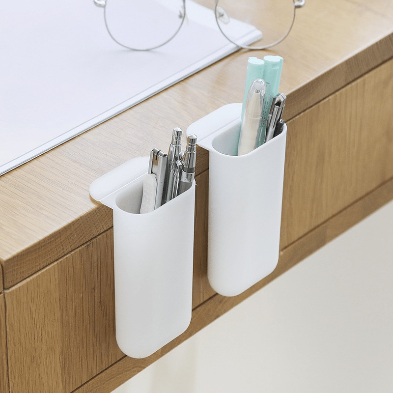 

1pc Stick On Desktop Stationery Desk Organizer Brush Pot Plastic Pen Holder Pencil Box Office Makeup Storage