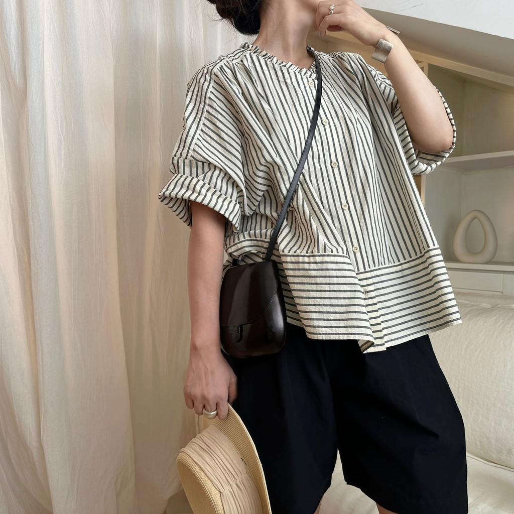 25-28506 Atasan Wanita. Women's Dyed Striped Niche Loose Casual Shirt Top
