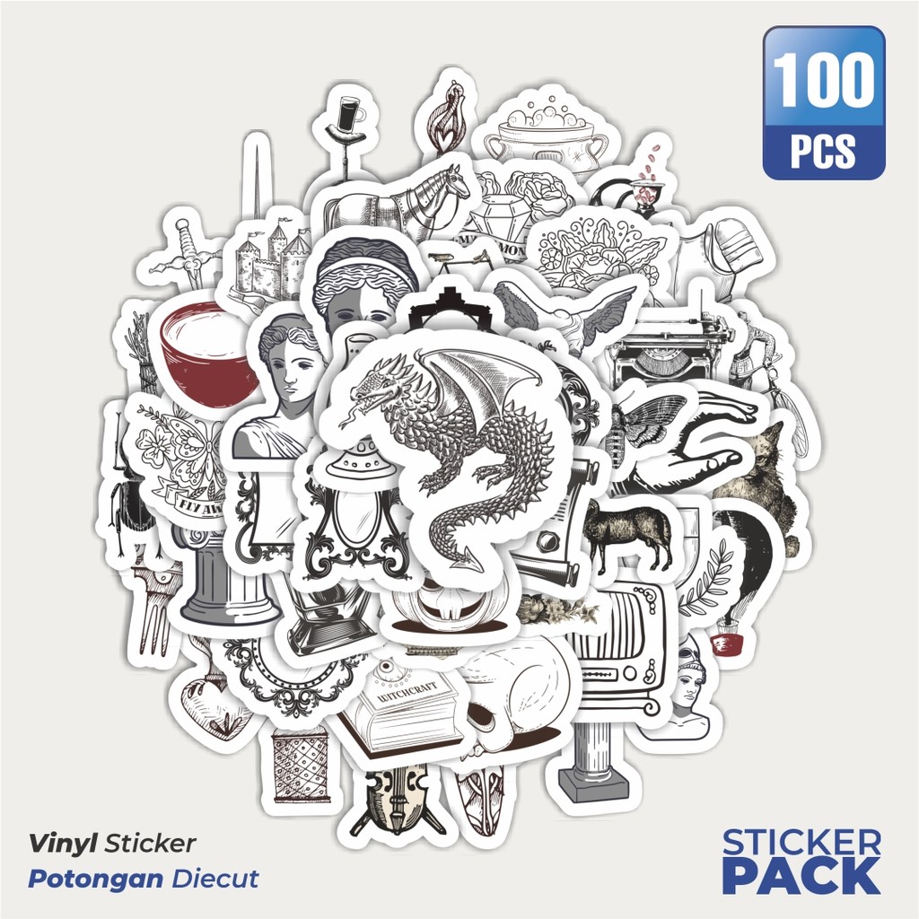 

Stiker Vinyl Sticker Retro Medieval B&W Sticker Waterproof Aesthetic- Untuk Laptop, Motor, dan Helm - Paper Stationery Pack