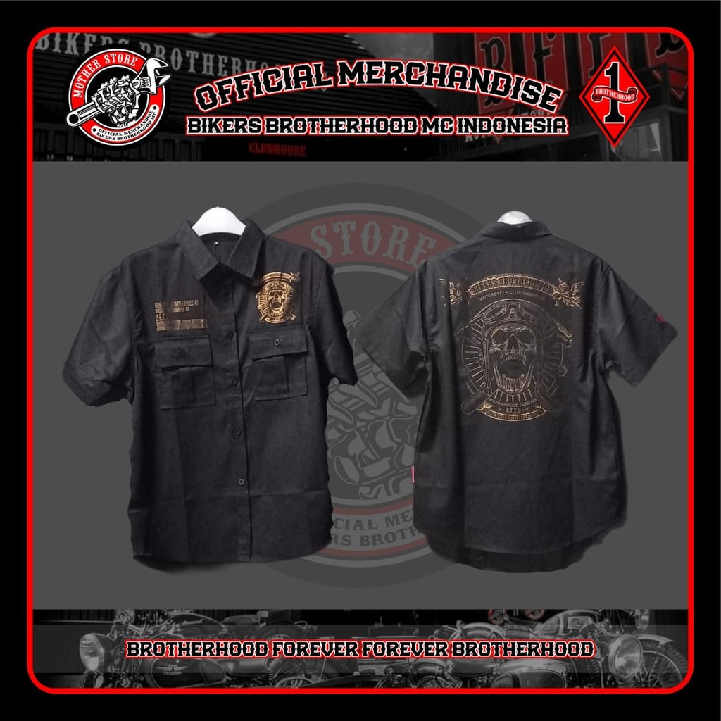 Kemeja Work Shirt Black Skull Gold Foil Original Merchandise Bikers Brotherhood MC Indonesia