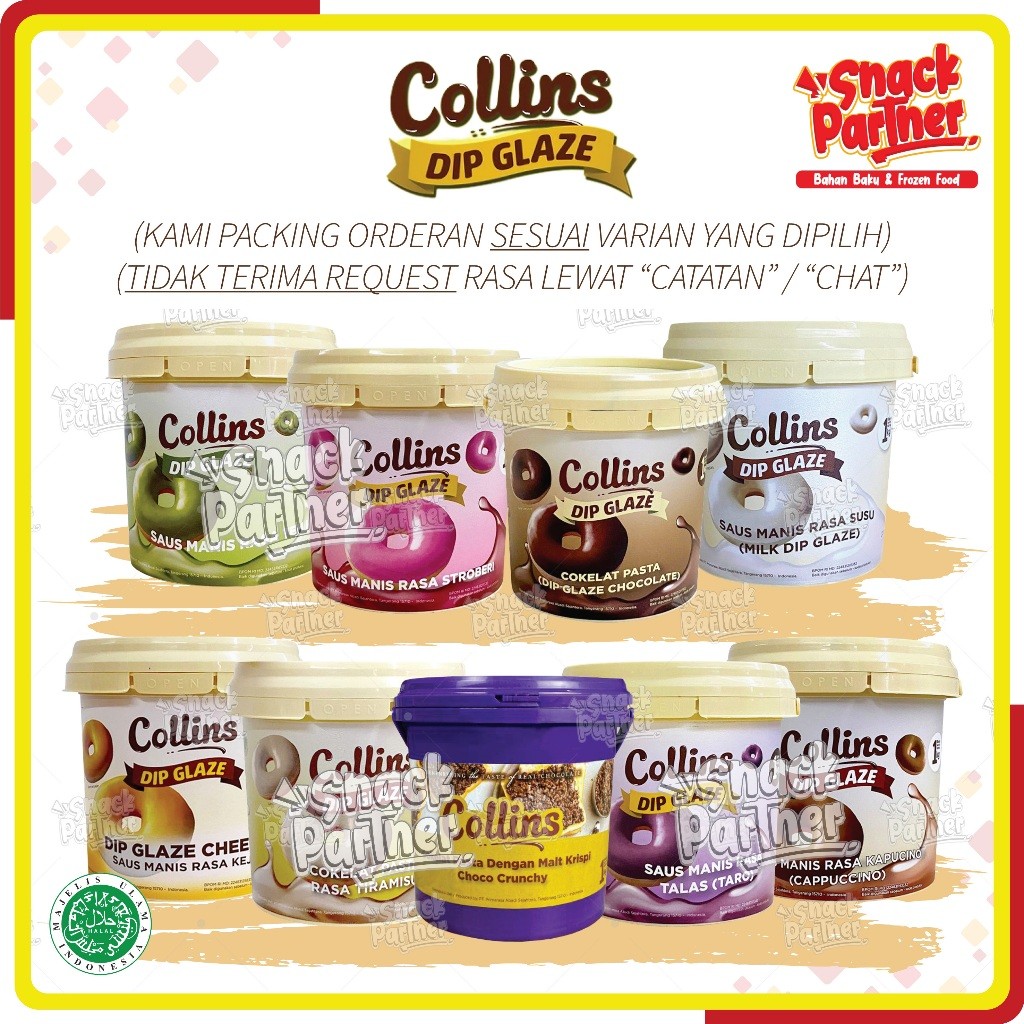 

COLLINS DIP GLAZE 1 KG - Topping Selai Donat Roti Kue Aneka Rasa - Chocolate Coklat Choco Crunchy Strawberry Stroberi Milk Susu Green Tea Teh Hijau Tiramisu Taro Cappucino Cheese Keju