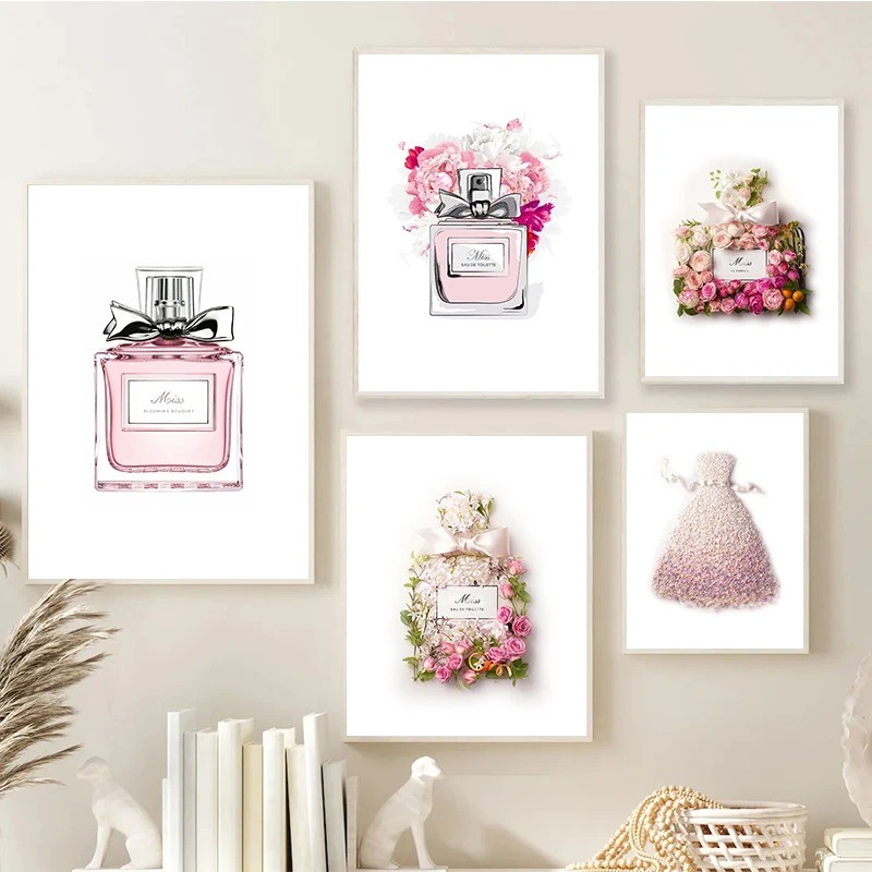 

Fashion Blush Pink Perfume Flower Bottle Posters and Prints Luxury Decor Miss Blooming Bouquet Modern Pictures Canvas Painting