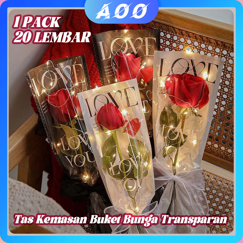 

[1 PACK 20 LEMBAR] PLASTIK SINGLE FLOWER TULISAN LOVE PRINTED KOREAN STYLE PLASTIK BUNGA TANGKAIAN SATUAN SINGLE STALK ROSE MIKA BUNGA ECER PLASTIC BAG
