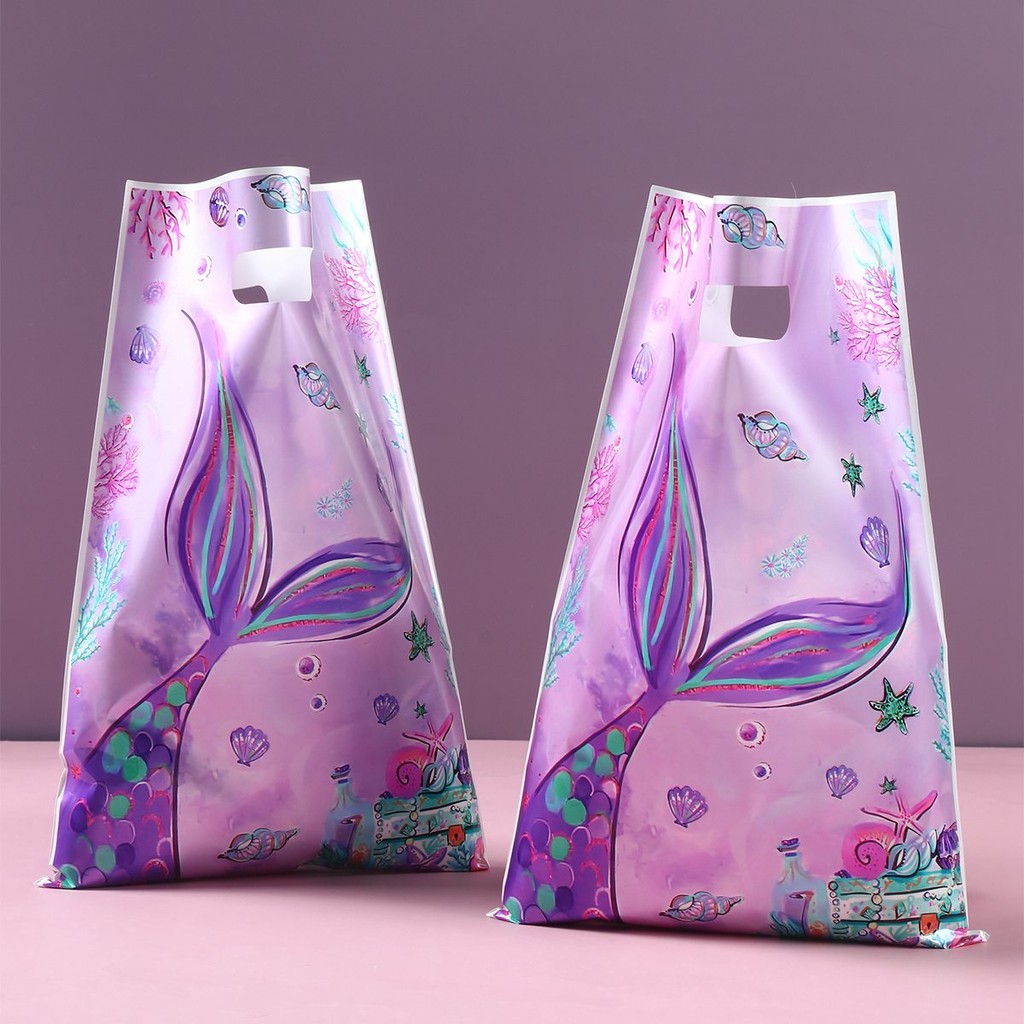 

10pcs Mermaid Party Plastic Goodie Bags Mermaid Tail Treat Favor Candy gift Bags for Mermaid Birthday Sea Themed Party Decor