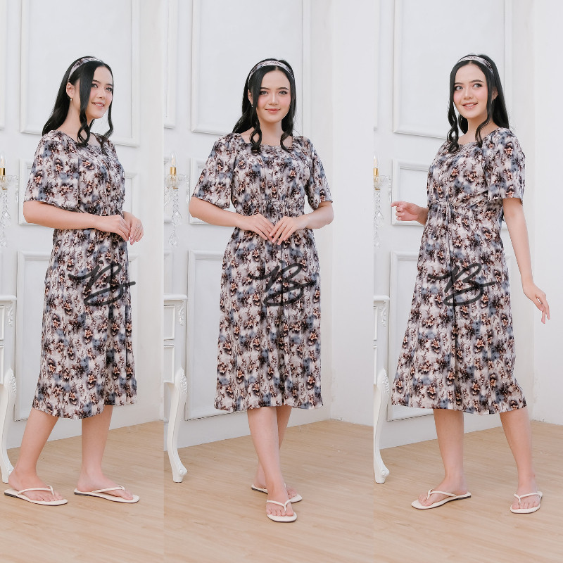 Daster Dress Kerut Pinggang Rayon Kekinian Motif Terbaru Premium Tali Bando