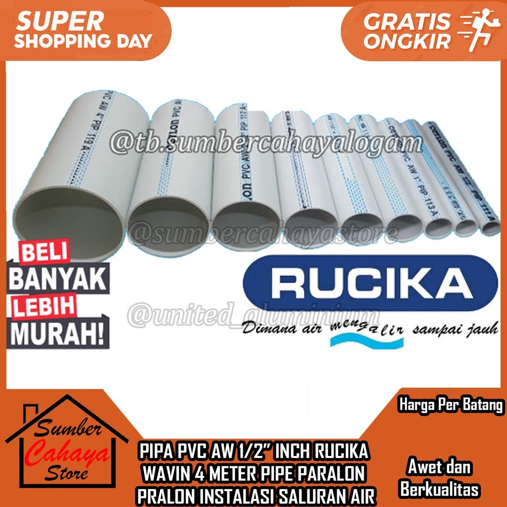 salePipa PVC Paralon 1/2" Inch Wavin Rucika AW 4 Meter Pralon Per batang Pipe Tebal Kuat Putih PLAST