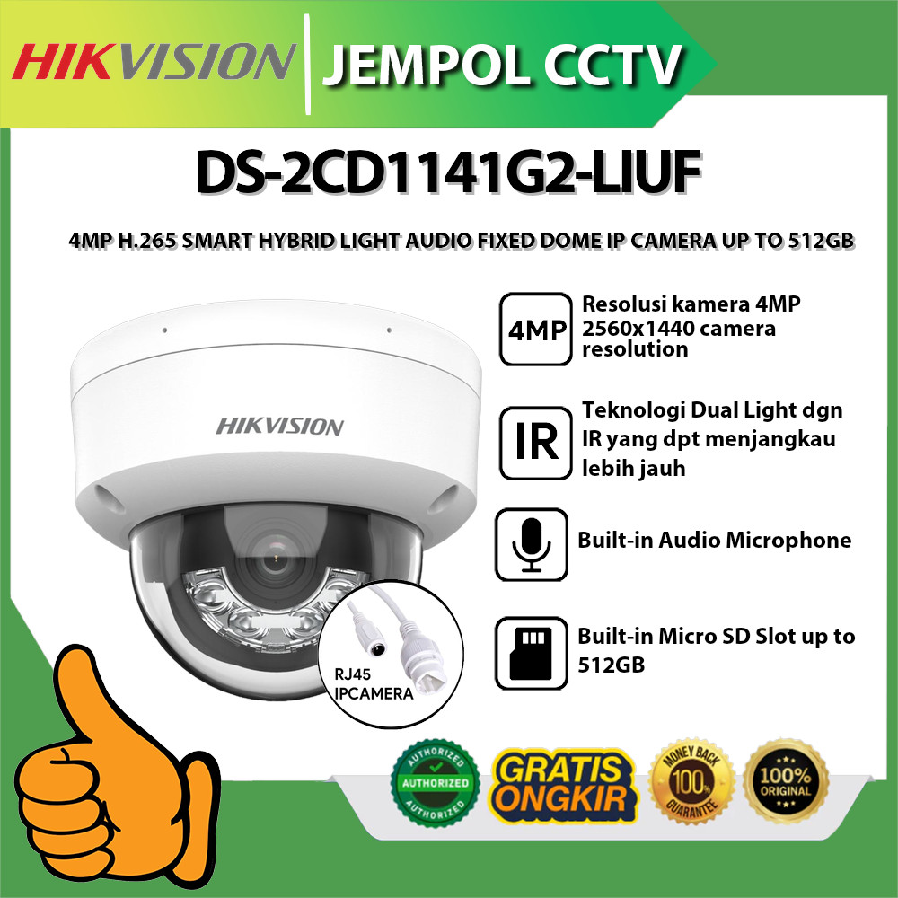 HIKVISION DS-2CD1141G2-LIUF 4MP H.265 SMART HYBRID LIGHT AUDIO FIXED DOME IP CAMERA UP TO 512GB