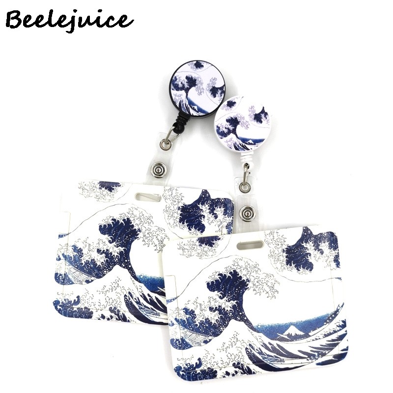 

Kanagawa Hokusai Waves Art Painting ID Retractable Badge Holder ID Badge Holder Clips Name Card Keychain Nurse Work Decorations