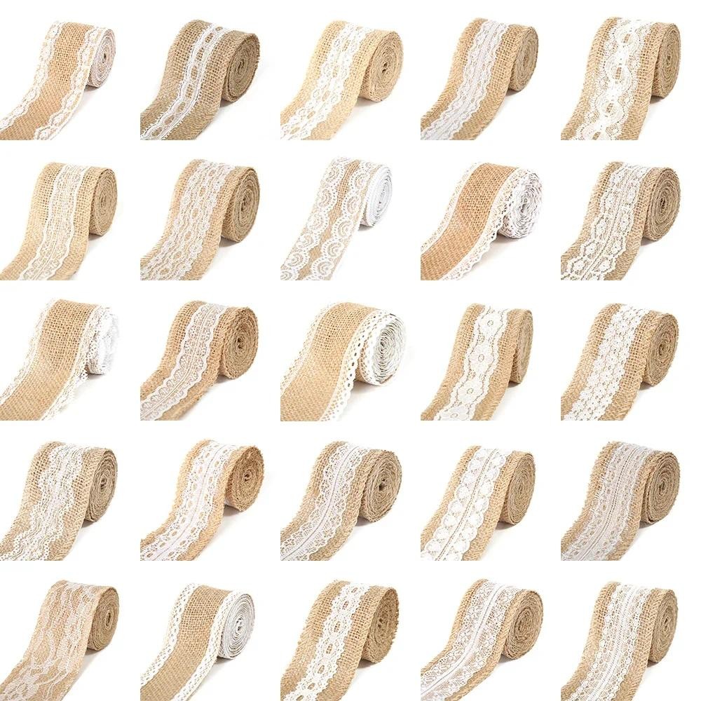 

2M 5CM Natural Jute Burlap Rolls Hessian Ribbon with Lace Vintage Rustic wedding Decor Ornament Burlap Party DIY craft Supplies