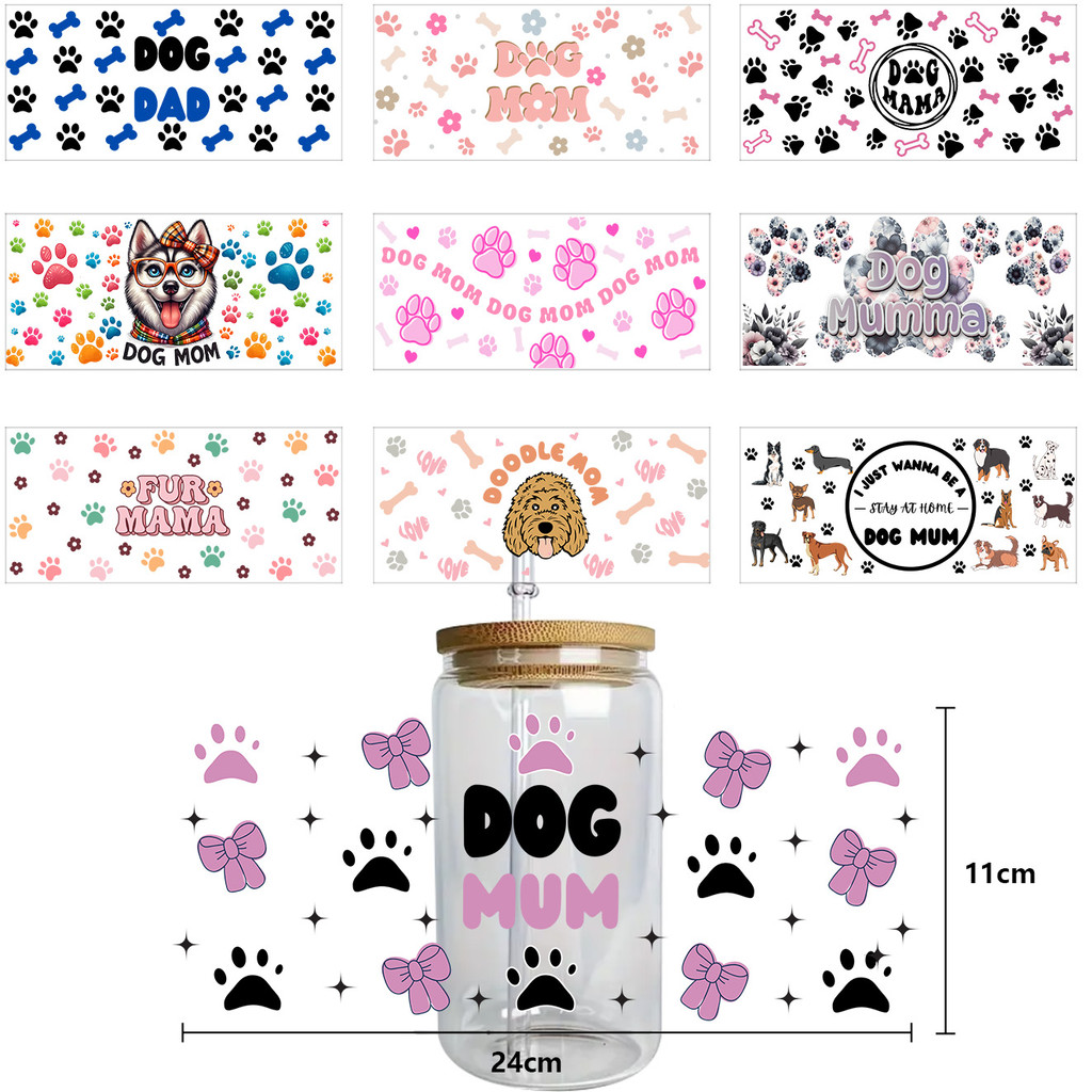 

Dog mom series Easy peel waterproof DIY Decals 3D transfers uvdtf crystal stickers 16oz uv dtf cup wraps for Glasses