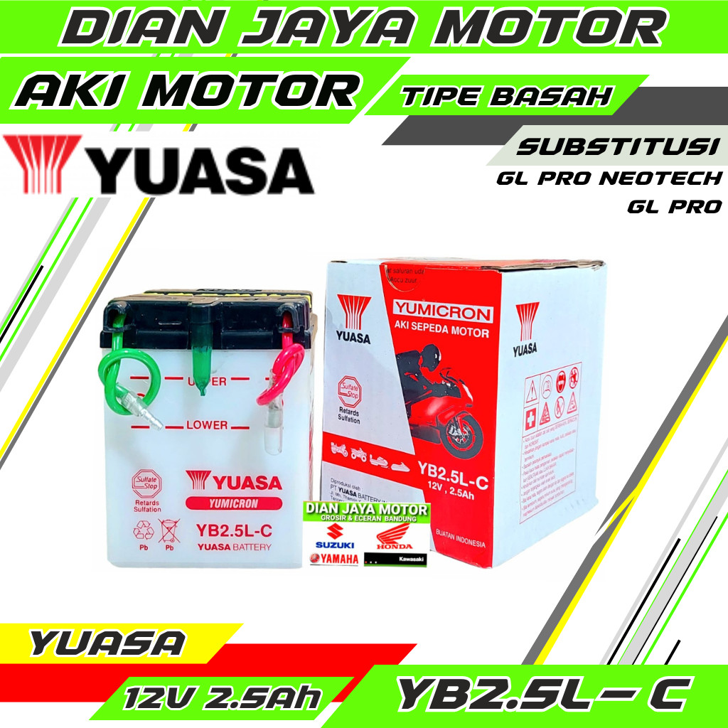 AKI MOTOR YUASA GM2.5-3C YB 2.5 AMPER KIT HONDA GL MAX GLPRO 12 VOLT AKI BASAH AKI MOTOR YUASA ORIGI