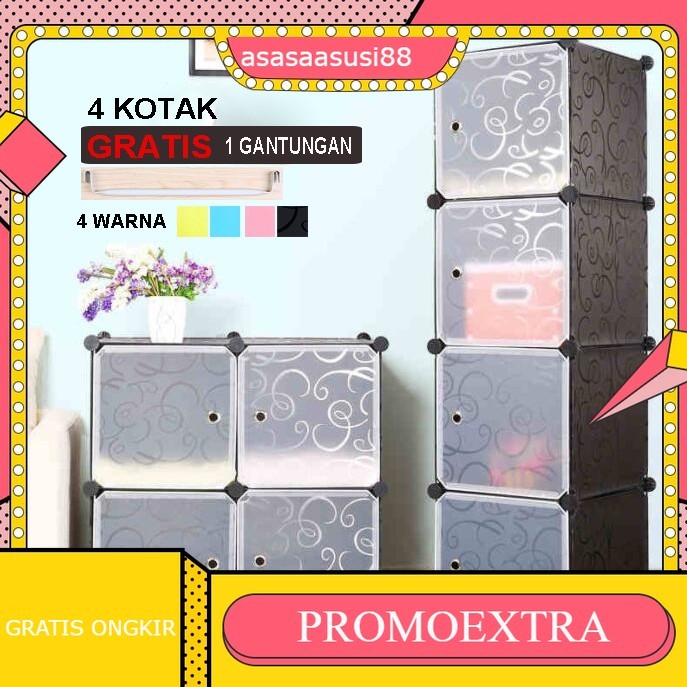 Lemari Plastik Lemari Pakaian Rak Serbaguna Susun Lemari Baju 4 Pintu+1 Gantungan