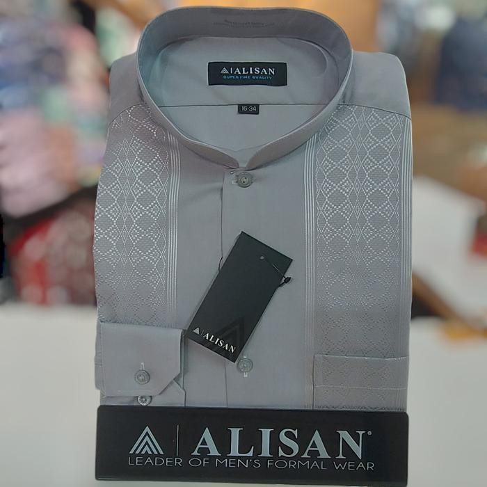 Kemeja Alisan Koko Bordir Abu Muda Lengan Panjang - 15 ( M )