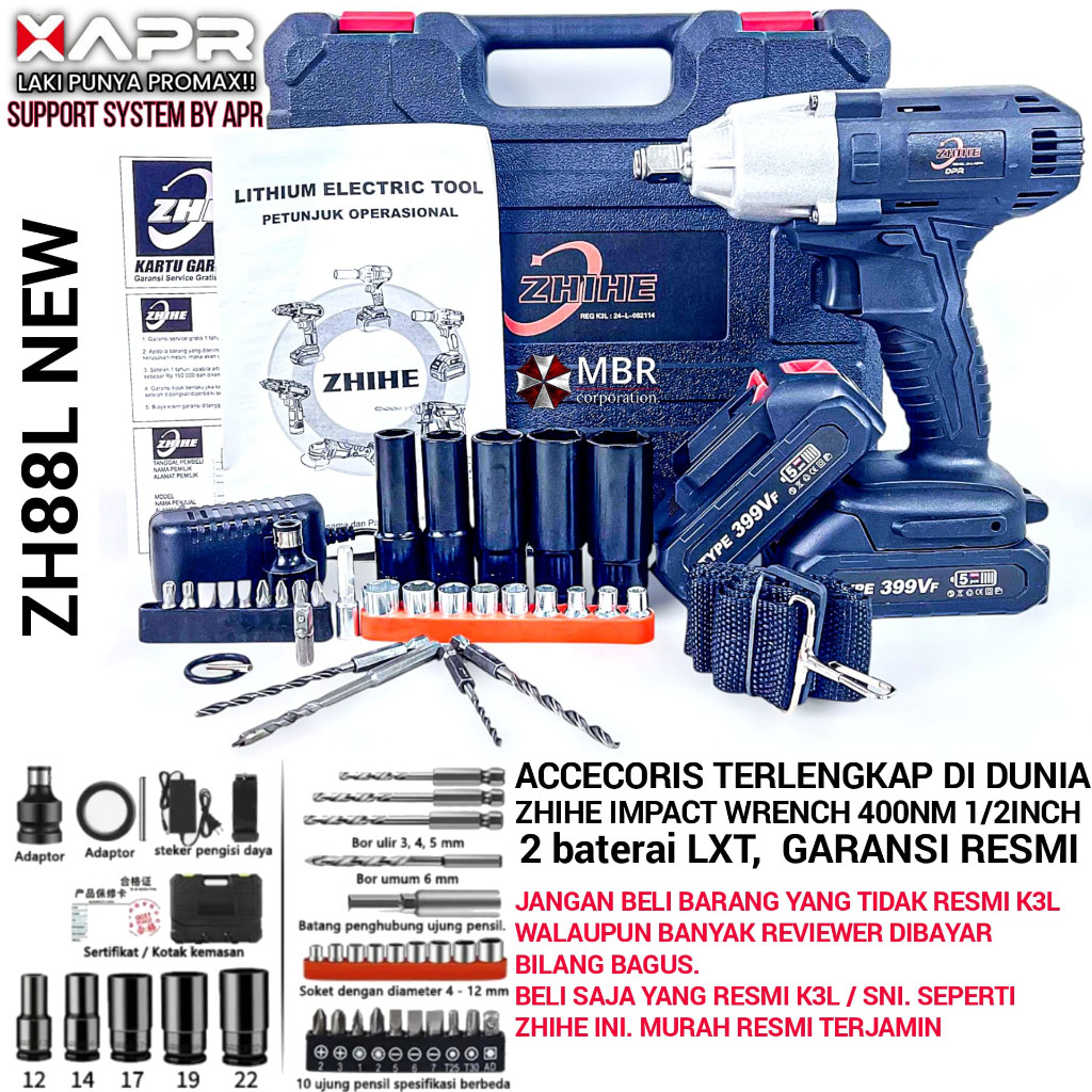 Bor Impact wrench zhihe 2 baterai fullset koper 10cell lxt ZH88L desain by xapr group garansi 3 tahu
