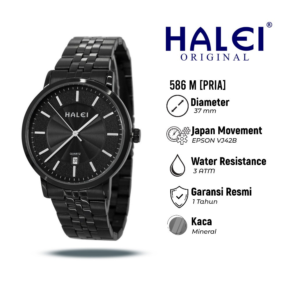 Halei 586 M Jam Tangan Pria Halei Original Fashion Anti Air Rantai Stainless Back Tanggal Analog