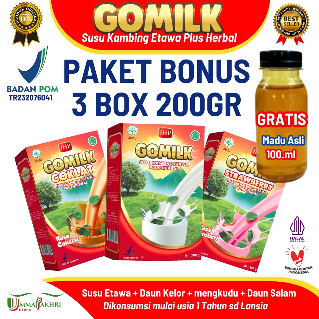 

Paket 3 box GOMILK Susu Kambing Etawa Herbal Plus 200gr - Atasi Asam Urat Rematik Nyeri Sendi