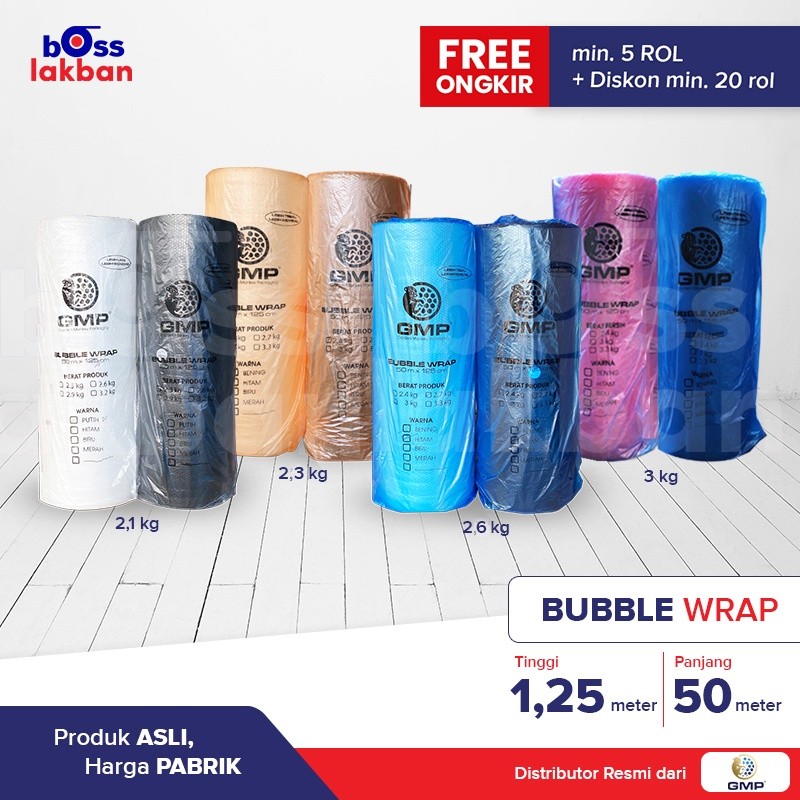 

Bubble Wrap GMP 125 Cm X 50 Meter Hitam Bening Merah Biru