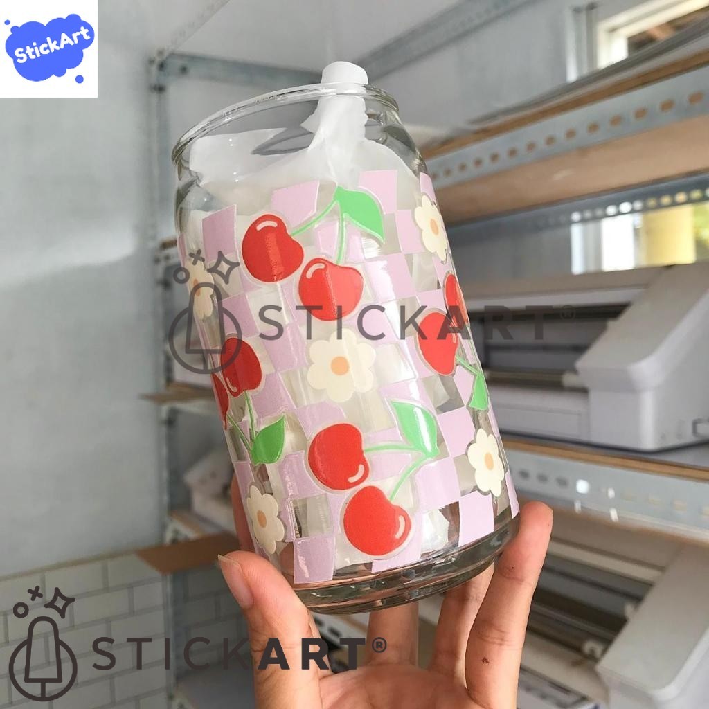 [STICKART] Gelas Kaca Kotak Kotak Ceri/ Gelas Cherry/ Gelas Kaca Aesthetic BAHAN DAN KWALITAS PREMIU