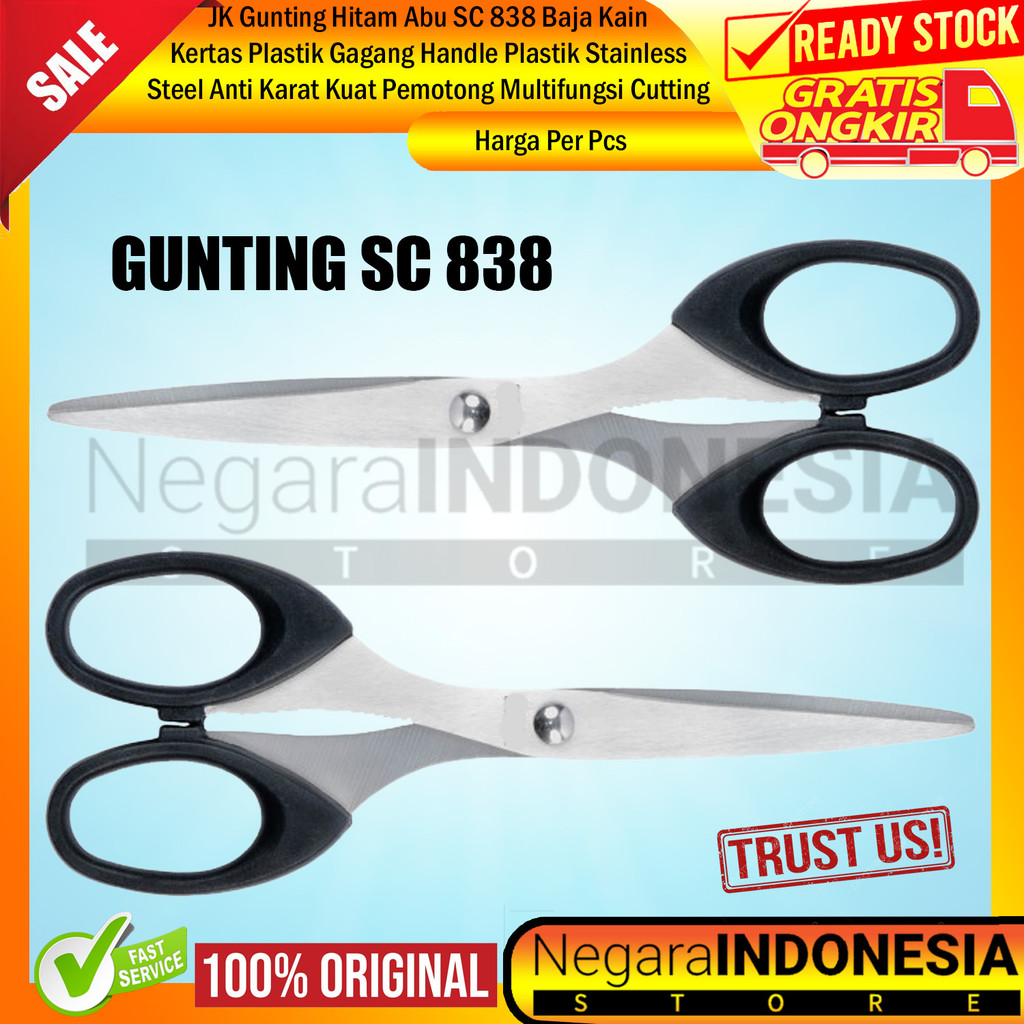 

JK Gunting Hitam Abu SC 838 Baja Kain Kertas Plastik Gagang Handle Plastik Stainless Steel Stenlis Stenles Anti Karat Kuat Pemotong Potong Multifungsi Cutting Blade Ergonomis Hemat Kuat Ringan Tahan Lama NDL Rumah Sekolah Kantor
