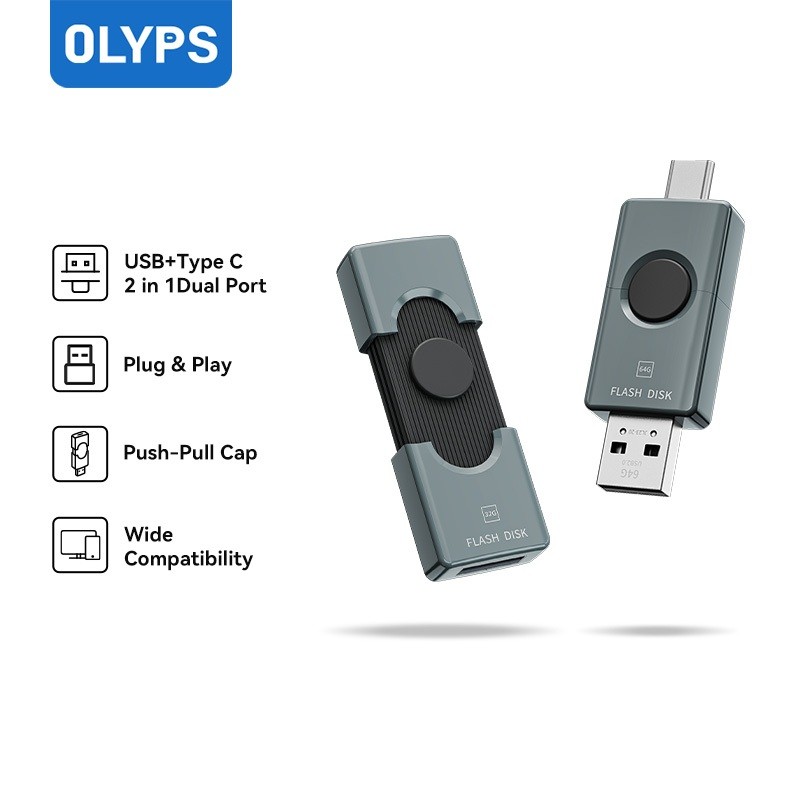 OLYPS 2 in 1 Flashdisk OTG Type C + USB Dual Port 128G 64GB 32GB Flash Drive untuk HP/Laptop/TabletC