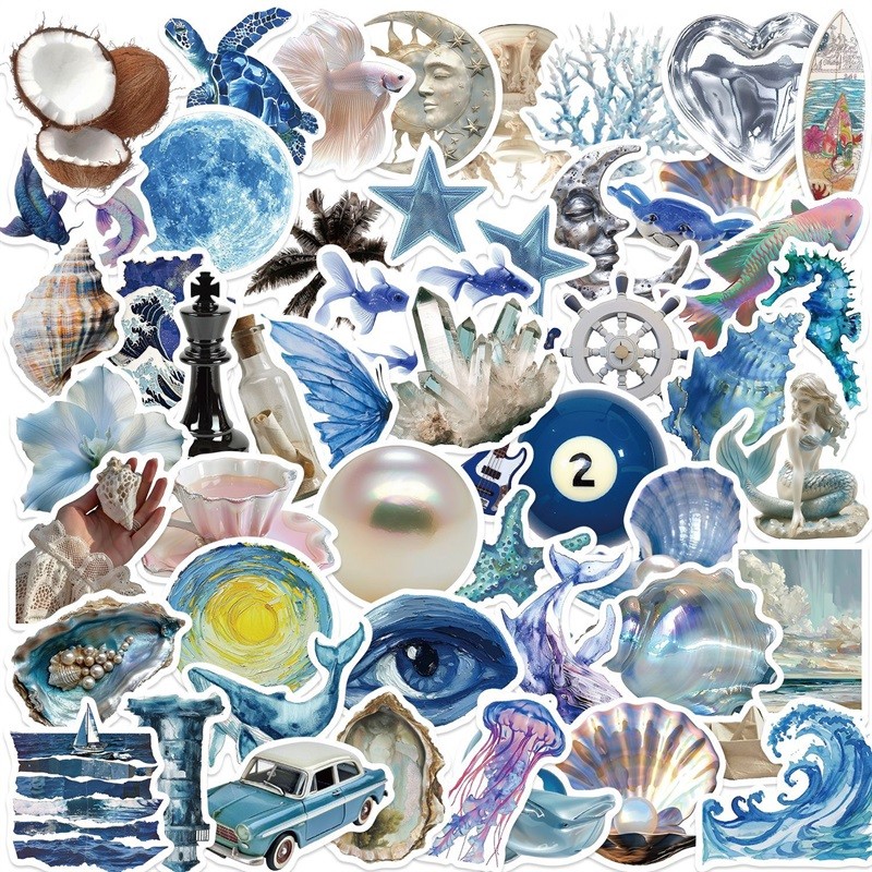 

10/30/50PCS Silver Blue Sea PVC Sticker Aesthetic Decoration Scrapbooking Korean Stationery Hand Accounting Supplies for Kids