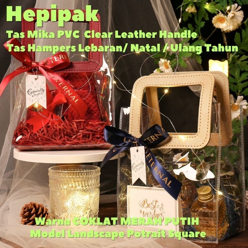 

(Harga 10 Pcs) Tas Mika PVC Bening Gagang Kulit / Transparan Hampers Gift Bag Ulang Tahun Lebaran Imlek Natal Premium