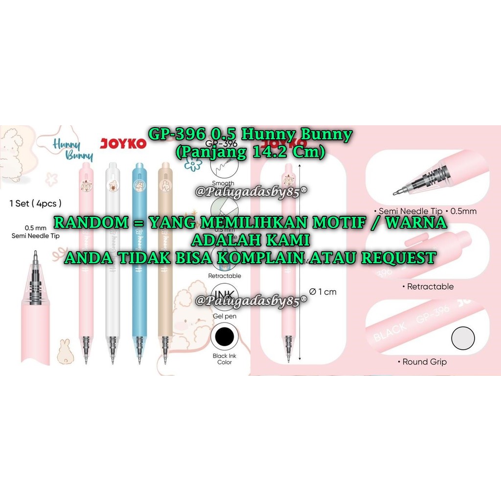 

(1 Biji) GROSIR Gelpen JOYKO GP-396 Hunny Bunny 0.5 Hitam Gel Pen Pulpen Pena Joyko GP-396 (1 Biji)