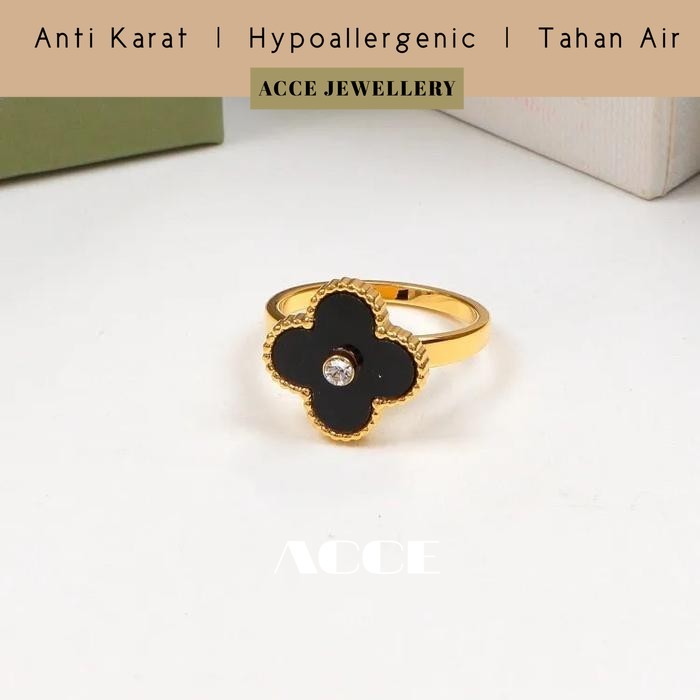 Cincin Titanium Wanita Korea Fashion Bunga Hitam Permata Aksesoris Korea Style Kekinian - Gold, 6