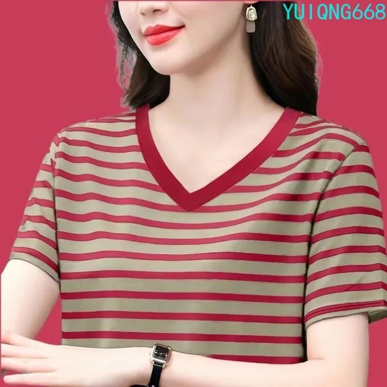 Blus Wanita lengan pendek, blus bergaris untuk wanita kaos lengan pendek ukuran besar