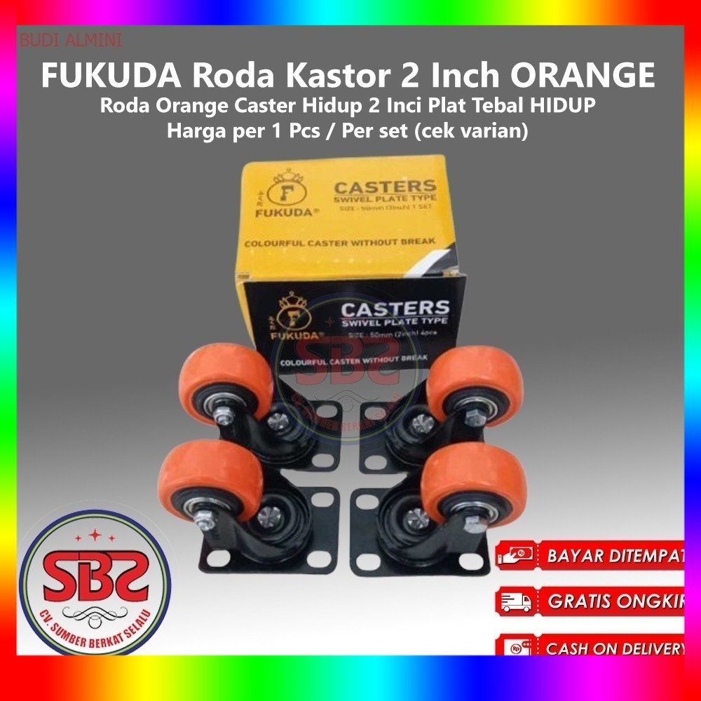 FUKUDA Roda Kastor 2 Inch ORANGE TEBAL Hidup TANPA REM / Castor Swifel Plate Etalase Troli PER SET -
