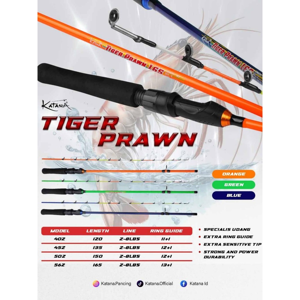 Joran Pancing Katana Tiger Prawn Panjang 120-165cm Bahan Fiber Solid Ujung Lentur Cocok Buat Udang