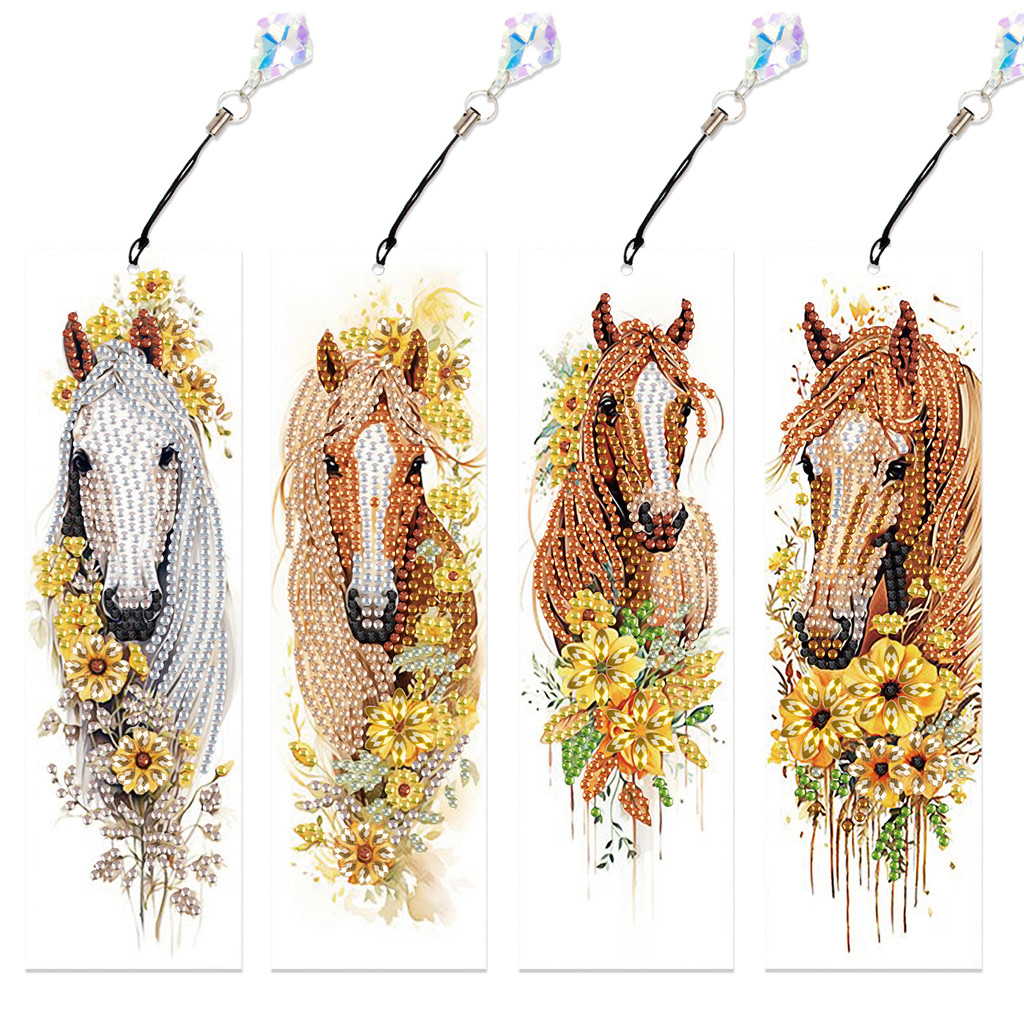 

4PCS Diamond Art Painting Bookmarks,DIY horse and flowersCrystal Diamond Art with Diamond Pendant Handmade Reading Bookmark Gift