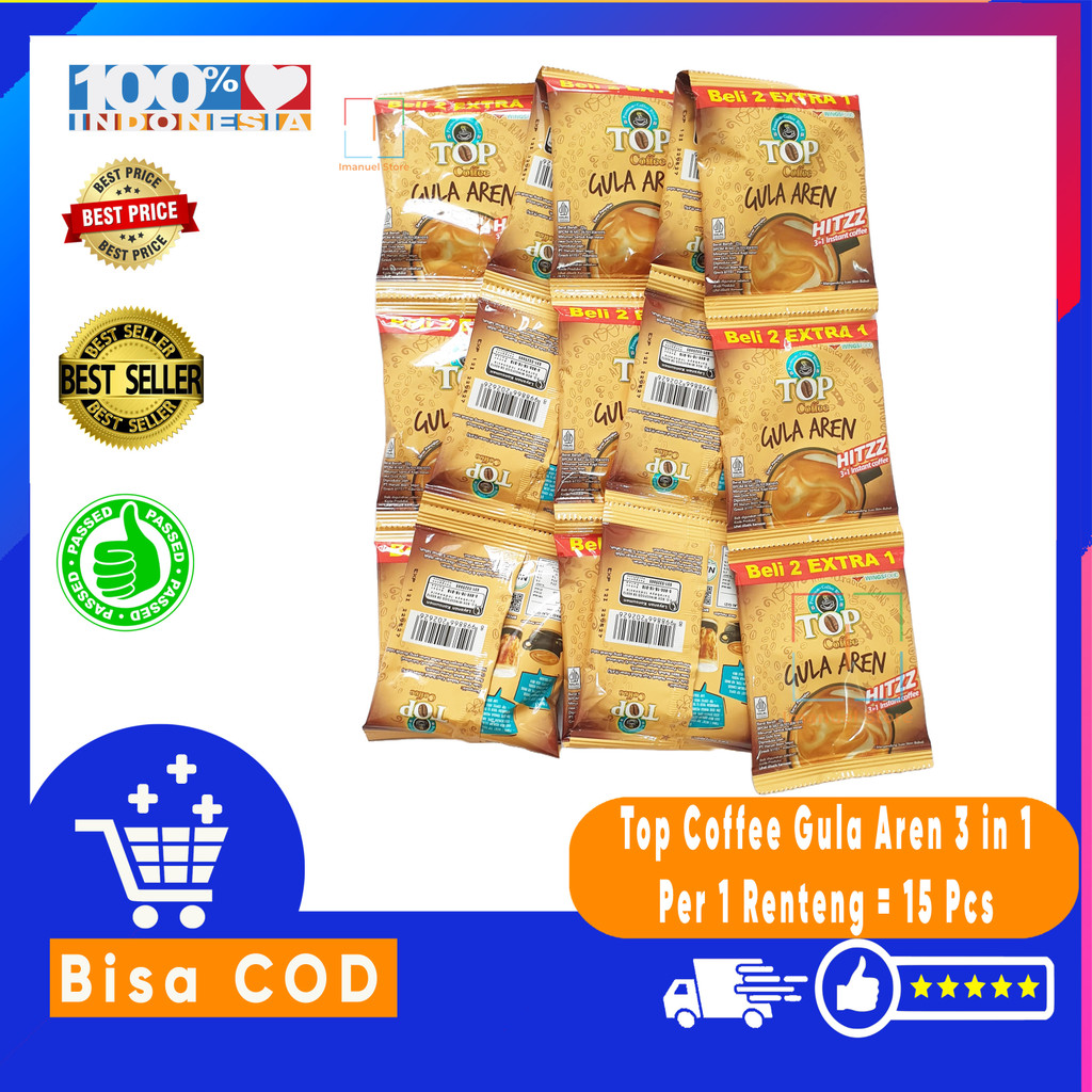 

Kopi Instan Bubuk Top Coffee Gula Aren 3 in 1 Eceran Per 1 Renteng (10 Gratis 5 pcs) Netto 22 Gr
