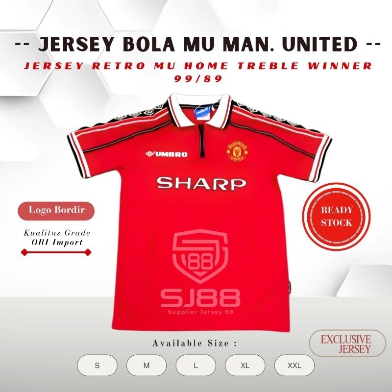 PA66 RETRO JERSEY BOLA  MU HOME SHARP 1999 99 TREBLE WINNER GRADE ORI IMPORT