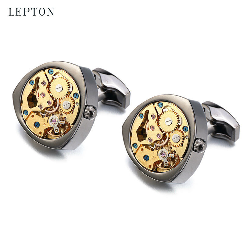 

Lepton Hot Sale Gold Watch Movement Cufflinks For Men Gift Immovable Stainless Steel Steampunk Gear Cufflink Relojes gemelos