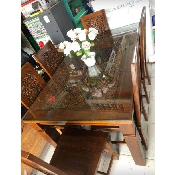 MEJA MAKAN 6 KURSI JATI dan KACA MINIMALIS MURAH