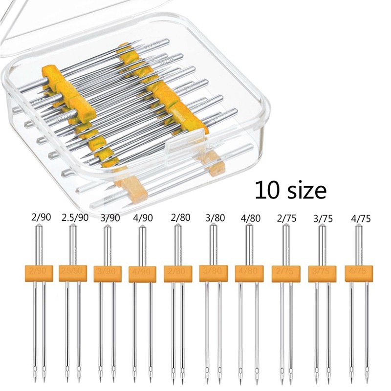 

10Pcs Double Twin Needles with Plastic Box for Household Sewing Machine 2/90 3/90 4/90 2/80 3/80 4/80 2/75 3/75 4/75 2.5/90