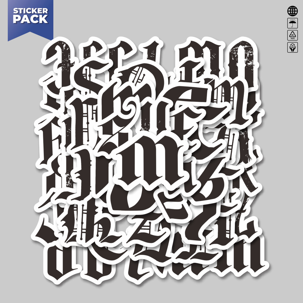 

[100PCS]Stiker Pack Stike Alphabet Gothic Stiker Aesthetic Vinyl Anti Air Dekorasi Sticker Laptop Buku Journal Koper Helm Casing HP Gitar Helm Skateboard