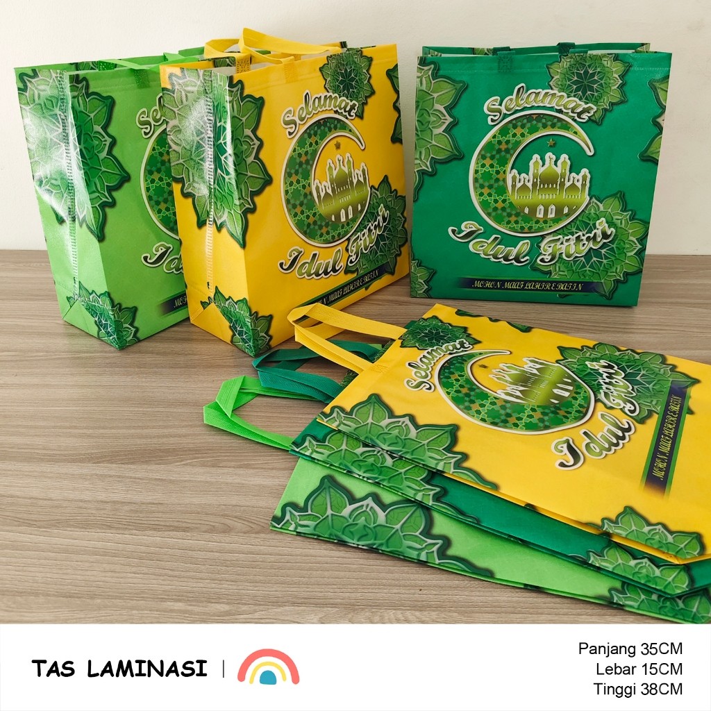 

Idul Fitri 1 lusin (isi 12pcs) Tas Hampers Lebaran "Selamat Idul Fitri" 35x38x15 - Tas Serbaguna,Tas belanja,Tas Spunbond,Goodie Bag Tas Spunbond Laminasi
