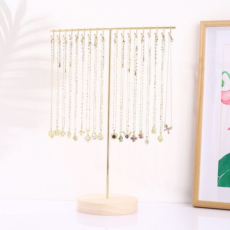 

Metal T-shaped Jewelry Shelf with Wood Base Minimalist Display Tower Metal for Bangles Necklaces Bracelets Rings