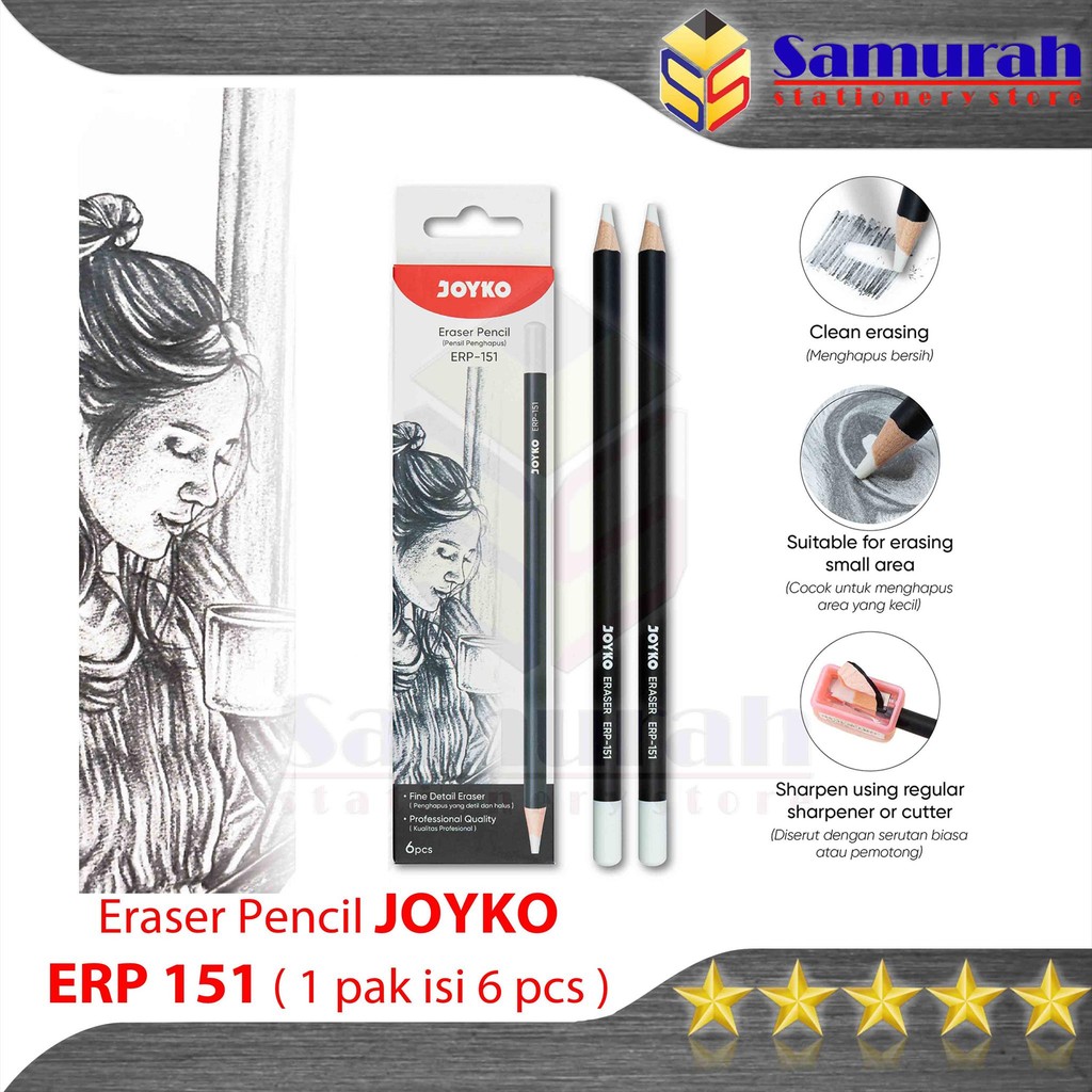 

Penghapus Pensil Joyko ERP 151 / Eraser ERP-151 Pak isi 6 Pcs / Stip Panjang Berbentuk Pensil Menghapus Sketsa Tipis
