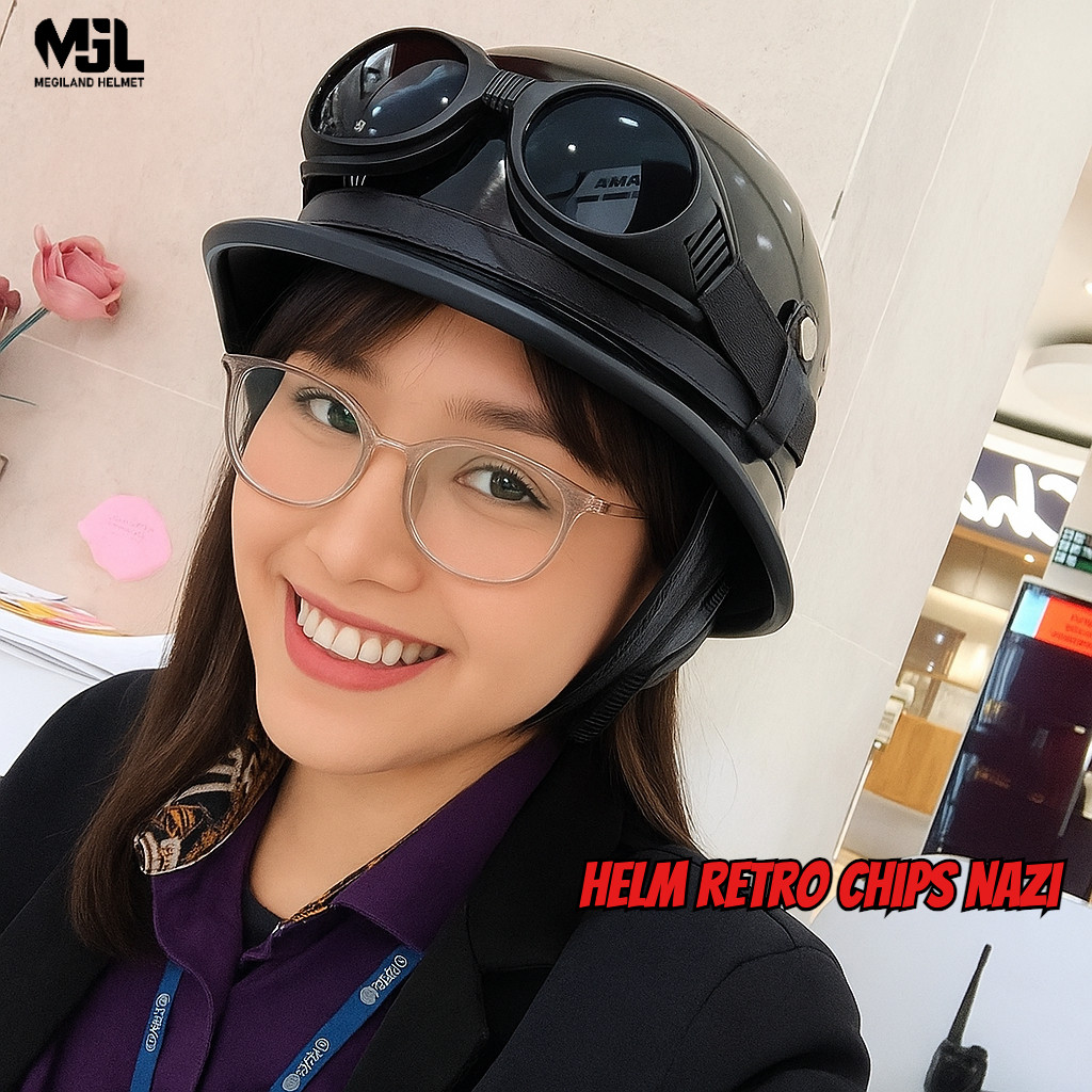 Helm retro millenial RETRO HITAM GLOSY kombinasi Kacamata/helm retro chips NAZI/ helm nazi chips /he