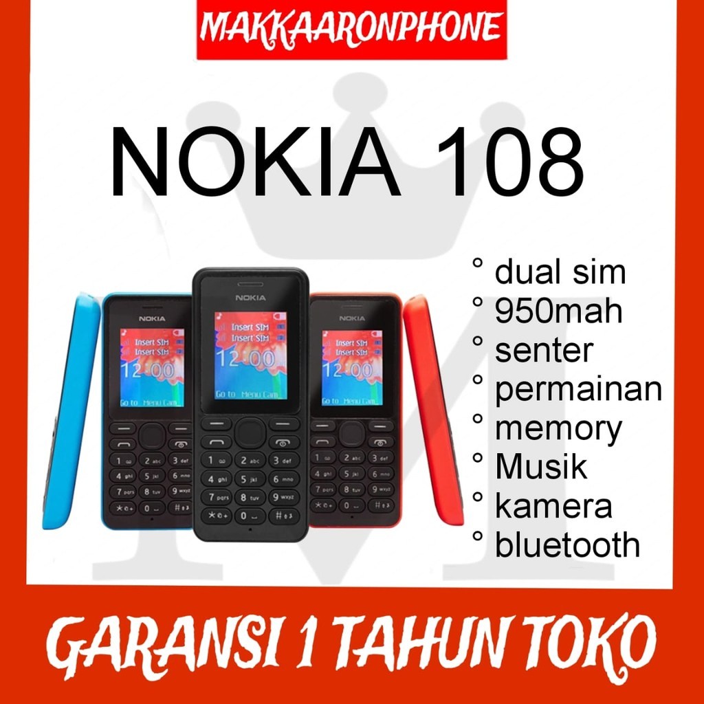 HP NOKIA 108 BARU [GARANSI 1 TAHUN] Kamera - Radio Musik Bluetooth- Dual SIM - MURAH Memori Micro SD