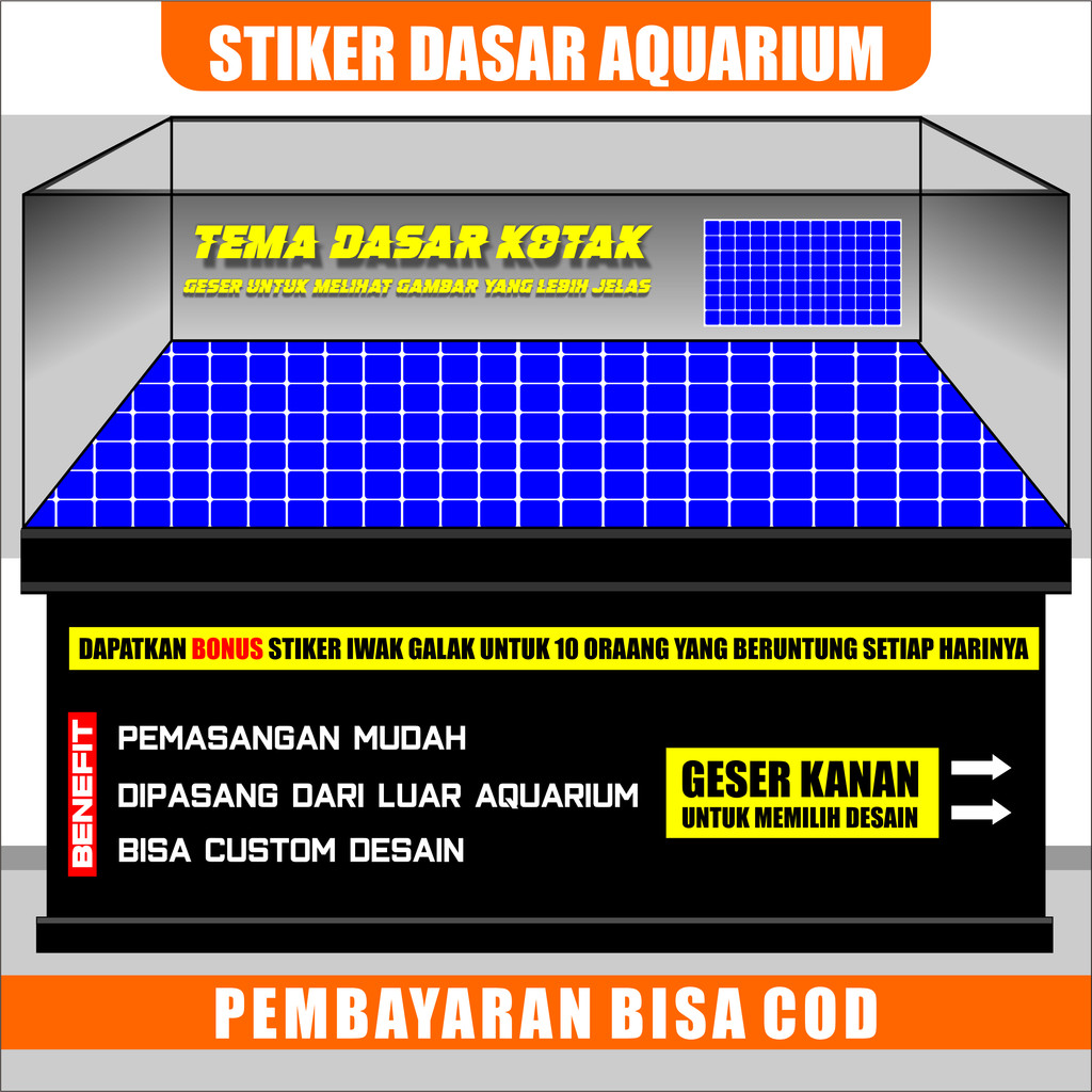 Sticker dasar aquarium catur kotak biru, stiker bawah aquarium hitam background Aquarium kotak kotak
