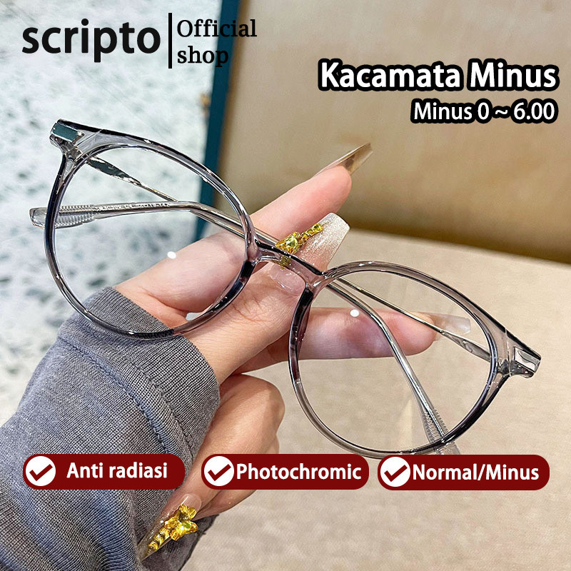 Scripto Kacamata Photocromic Anti Blueray Minus Wanita Pria Bluecromic Bulat Frame Fashion TR90 Kaca