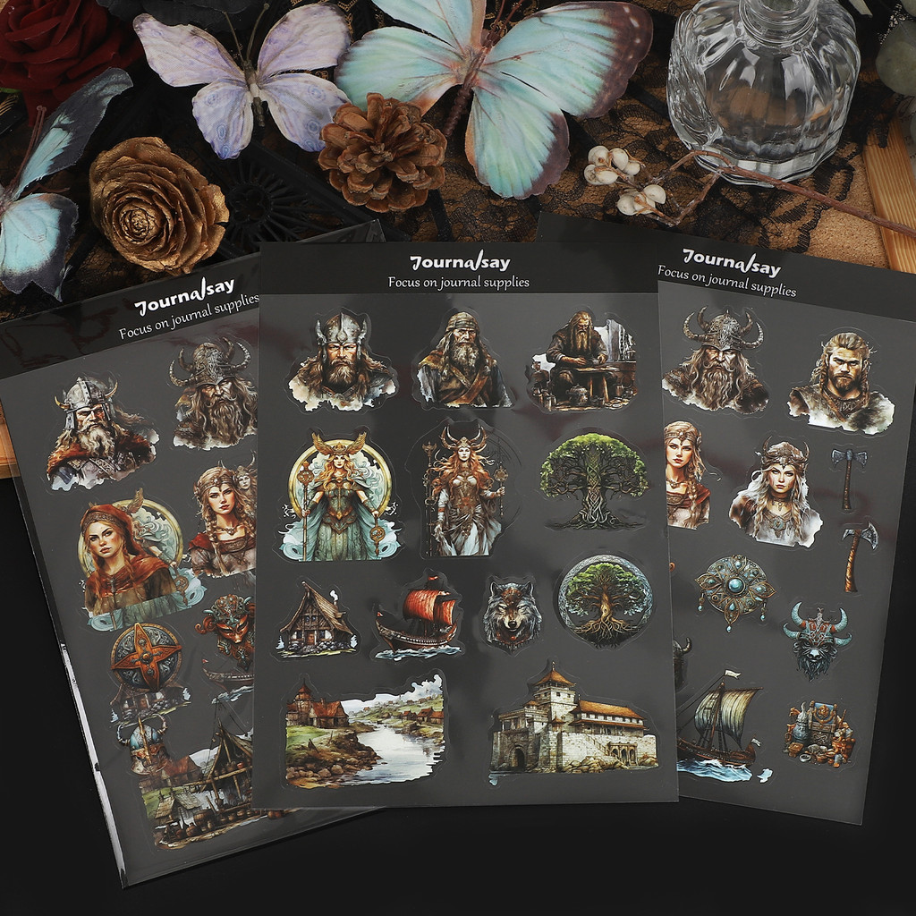 

2 Sheets Vintage Vikings Character Tree House Landscape PET Sticker Creative DIY Journal Material Collage Scrapbook Stationery
