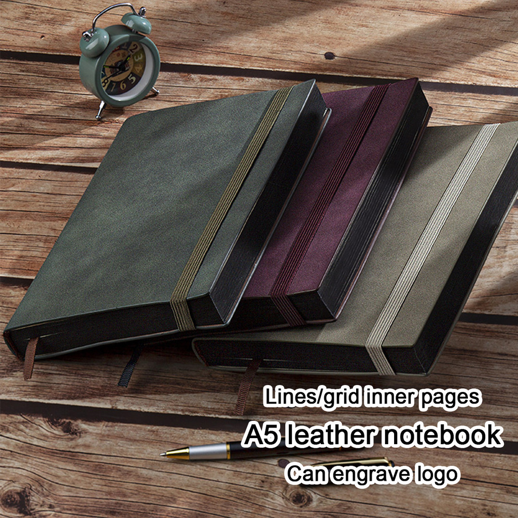 

(Can Engrave Logo) A5 Business Leather Notebook, Student Diary, With Strap Design, Meeting Record Book, Notepad, Line/Grid Pages